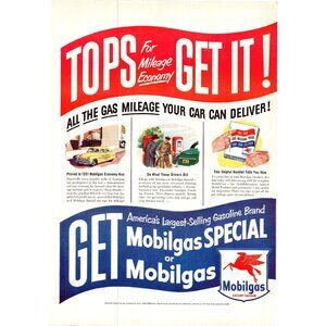 1951 Mobilgas Gas Gasoline Vintage Print Ad Yellow Cab Taxi Station Wall Art